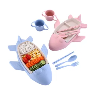 【RS】創意 小麥纖維 飛機造型 兒童餐具套組 分格餐盤 叉子 湯匙 杯子(造型餐盤 分格餐盤 餐具套組)