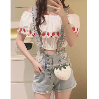 【BBHONEY】韓國重工愛心釘珠牛仔背帶短褲時尚捲邊顯瘦闊腿短褲(網美必備款)