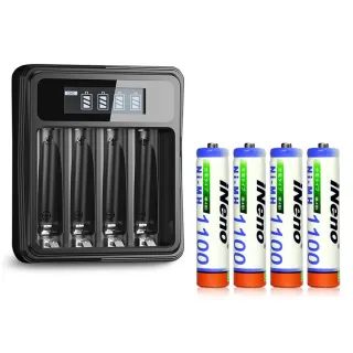 【iNeno】高容量 鎳氫 充電電池 1100mAh 4號/AAA 4顆入+鎳氫電池液晶充電器(存電 儲電 出貨不打烊)