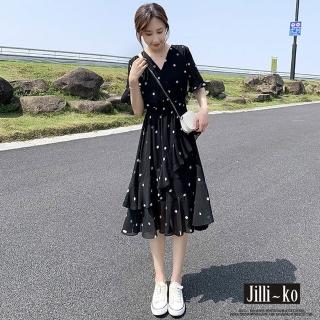 【JILLI-KO】夏季雪紡波點碎花收腰顯瘦氣質連衣裙-L/XL(黑/杏)