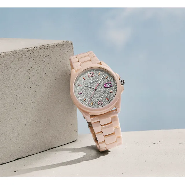【COACH】官方授權經銷商 珍妮佛羅培茲廣告款 經典C字LOGO陶瓷手錶-36mm/粉彩 母親節 禮物(14503939)