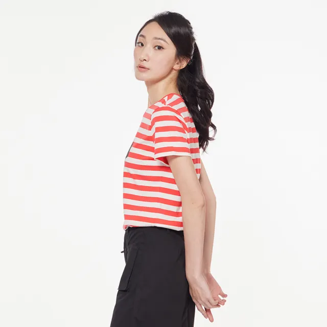 【JEEP】女裝 美式休閒印花條紋短袖T恤(紅色)