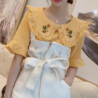 【BBHONEY】韓風娃娃領 刺繡小花 釘珠鑲鑽 短袖上衣(網美必備款)