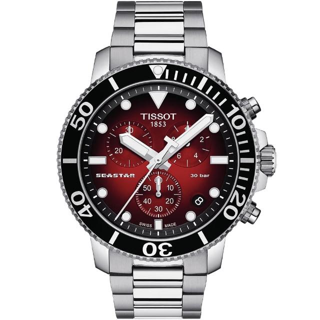 【TISSOT 天梭】官方授權 Seastar 1000 海洋之星300米潛水三眼計時錶-紅/45mm 情人節 禮物(T1204171142100)