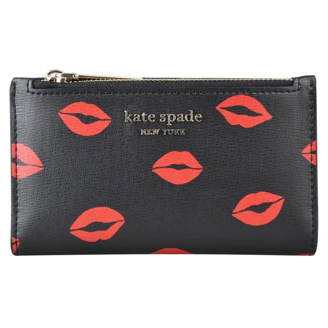 【KATE SPADE】SPENCER紅唇圖騰設計對折卡片夾(黑x紅)