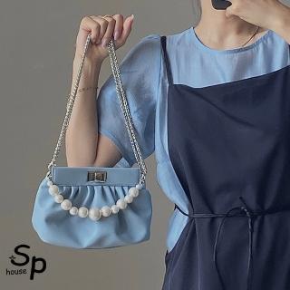 【Sp house】雲朵皺褶珍珠鍊條手提包側肩包斜揹包(藍色)