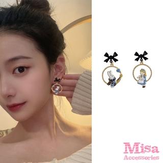【MISA】韓國設計S925銀針不對稱愛麗絲與兔子先生蝴蝶結造型耳環(S925銀針耳環 不對稱耳環 蝴蝶結耳環)