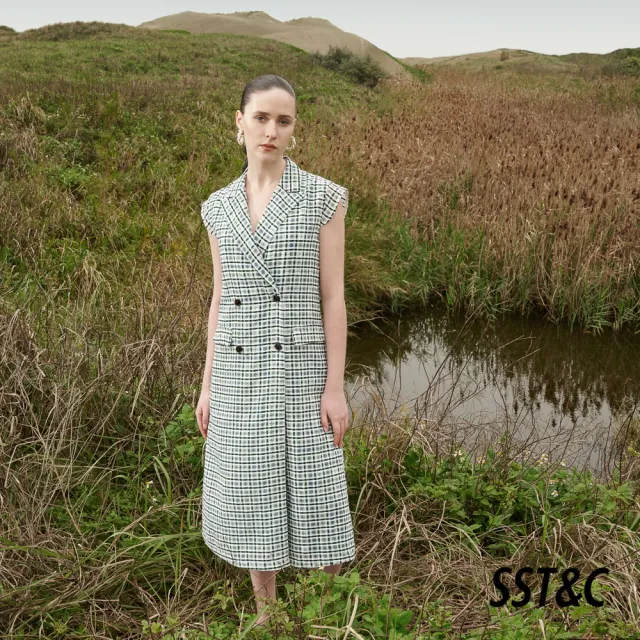 【SST&C】女裝 綠色格紋西裝領開襟長洋裝8562205002(雙11精選)