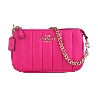 【COACH】COACH 經典馬車LOGO絎縫設計小牛皮拉鍊鏈帶手拿包(桃紅)