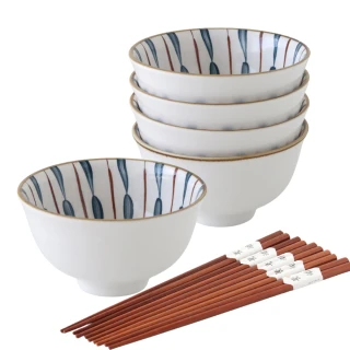 【Just Home】和風十草陶瓷碗筷超值10件餐具組(飯碗+原木筷)