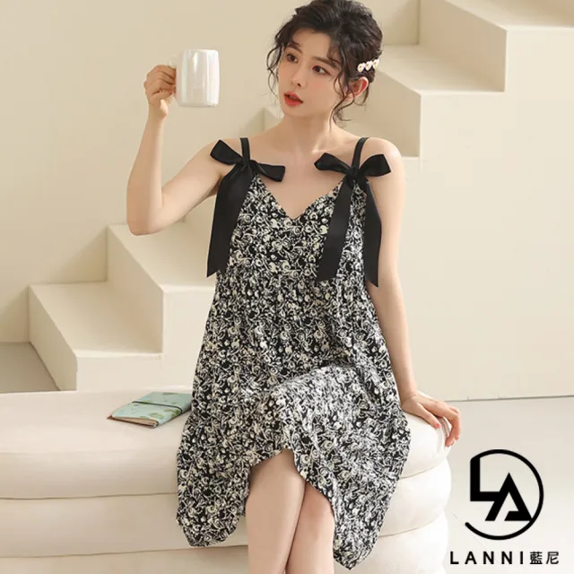 【藍尼居家】★性感V領莫代爾吊帶睡裙(短袖中長裙/套裝/睡衣)