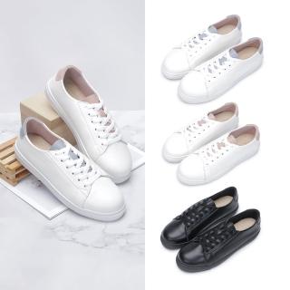 【FUFA Shoes 富發牌】皮質撞色綁帶休閒鞋-全黑/白藍/白粉 1BC63(女鞋/女休閒鞋/小白鞋)