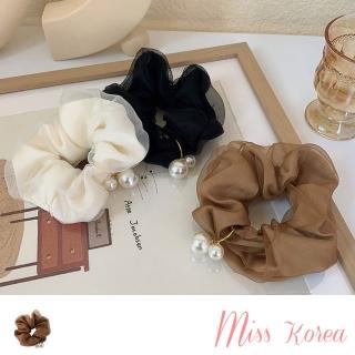 【MISS KOREA】雪紡髮圈 網紗髮圈 珍珠髮圈/浪漫典雅雪紡網紗珍珠吊墜造型髮圈 大腸圈 髮繩(3色任選)