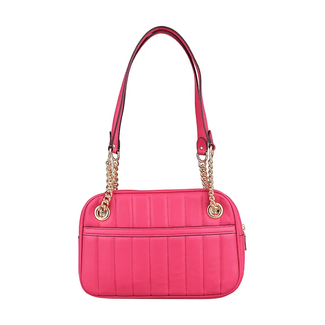 【COACH】COACH CAMMIE金字LOGO直紋設計牛皮拉鍊肩背方包(桃紅)