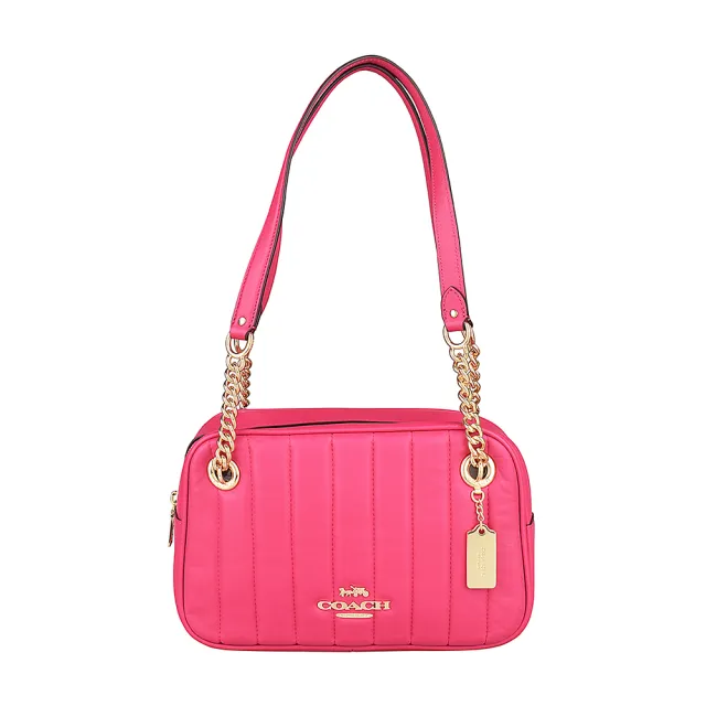 【COACH】COACH CAMMIE金字LOGO直紋設計牛皮拉鍊肩背方包(桃紅)