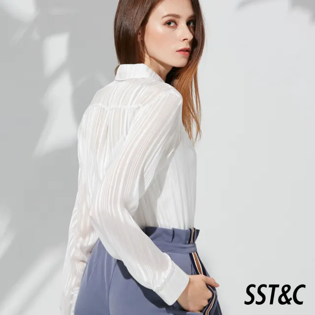 【SST&C 出清２折】白色條紋襯衫式雪紡上衣7671903002