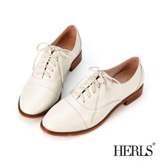 【HERLS】牛津鞋-全真皮簡約拼接橢圓頭素面牛津鞋(白色)