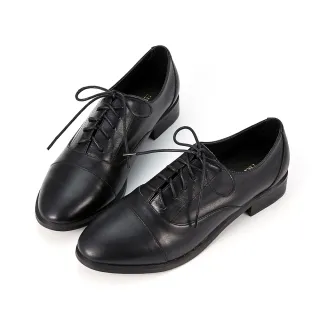 【HERLS】牛津鞋-全真皮簡約拼接橢圓頭素面牛津鞋(黑色)