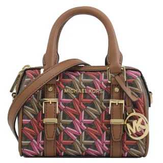 【Michael Kors】圓標MK吊飾幾何印花拼接迷你手提兩用波士頓包(咖)