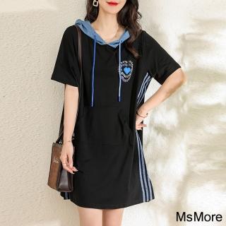 【MsMore】歐美寬鬆休閒撞色連帽棉質洋裝#112726現貨+預購(黑色)