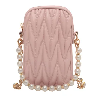 【Sp house】氣質珍珠鍊條皺褶手機包斜背包(4色可選)