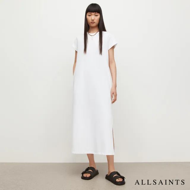 【ALLSAINTS】ANNA 休閒厚實純棉公羊頭骨T恤式長版連身裙洋裝-白 WD263X(常規版型)