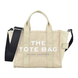 【MARC JACOBS 馬克賈伯】MARC JACOBS The Mini Tote印字LOGO帆布拉鍊手提斜背托特包(迷你/米)