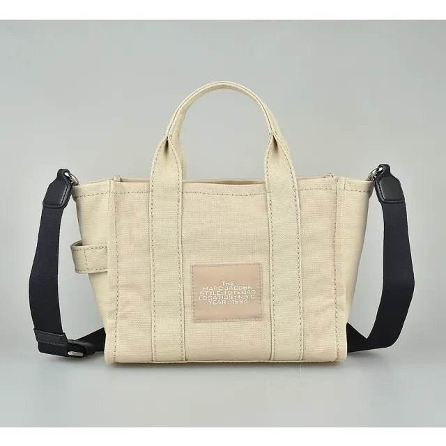 【MARC JACOBS】MARC JACOBS  The Mini Tote印字LOGO帆布拉鍊手提斜背托特包(迷你/米)