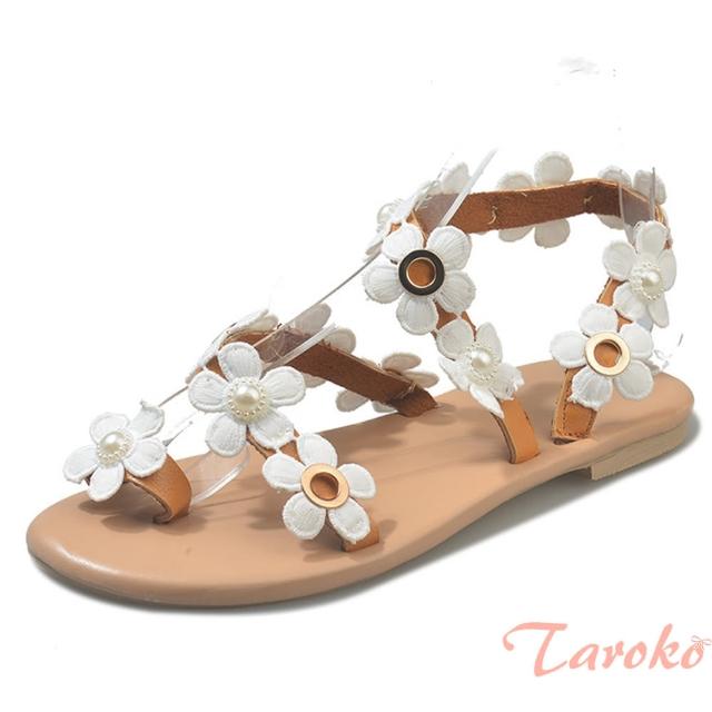 【Taroko】清新白花韓版夏日露趾平底涼鞋(棕色)