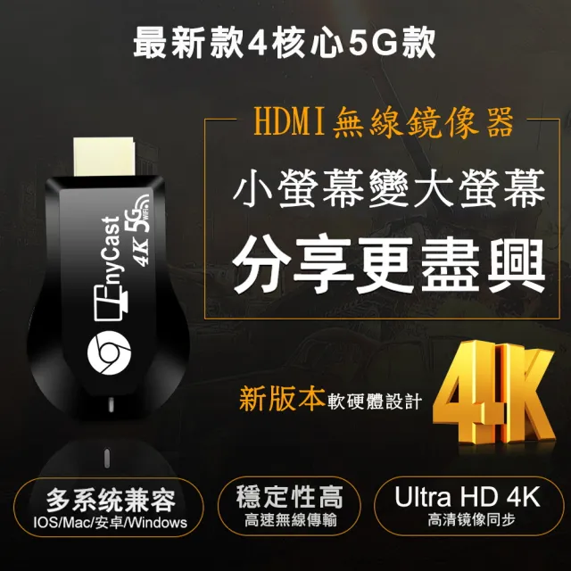 【DW 達微科技】第十代AnyCast四核心4K款 超清高速雙頻5G全自動無線影音鏡像器(附4大好禮)