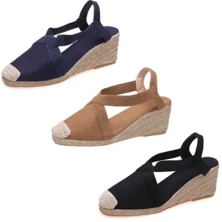 【Taroko】復古草編織交錯坡跟包頭涼鞋(3色可選)