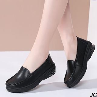 【JC Collection】透氣真皮輕量舒適氣墊舒柔厚底懶人休閒鞋(黑色)