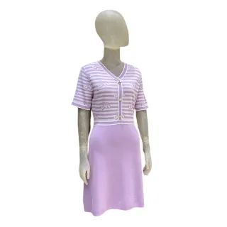 【Jessica Red】氣質修身拼接條紋V領短袖針織洋裝（紫）823181