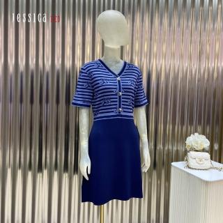 【Jessica Red】氣質修身拼接條紋V領短袖針織洋裝（藍）823181