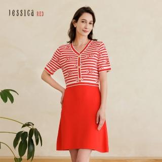 【Jessica Red】氣質修身拼接條紋V領短袖針織洋裝（紅）823181