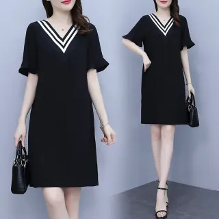 【麗質達人】8175黑色V領假二件洋裝LY(L-5XL)
