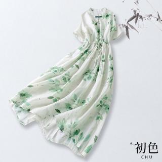 【初色】涼爽透氣復古棉麻風碎花連衣裙洋裝-綠色-62242(M-2XL可選)