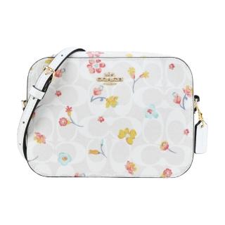 【COACH】經典馬車LOGO花卉印花相機包(白)