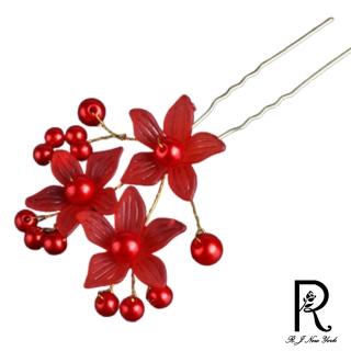 【RJ New York】夕色紅花珍珠微透U型插髮髻髮飾(2色可選)