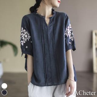 【ACheter】清新刺繡小V領亞麻感顯瘦短袖上衣#112864現貨+預購(2色)