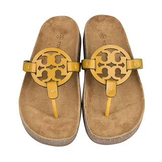 【TORY BURCH】TORY BURCH MILLER CLOUD簍空設計LOGO牛皮拖鞋(女款/黃x棕)