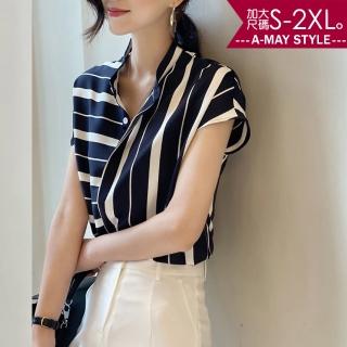 【艾美時尚】中大尺碼女裝 上衣 設計感不對稱條紋雪紡衫。S-2XL(條紋.預購)