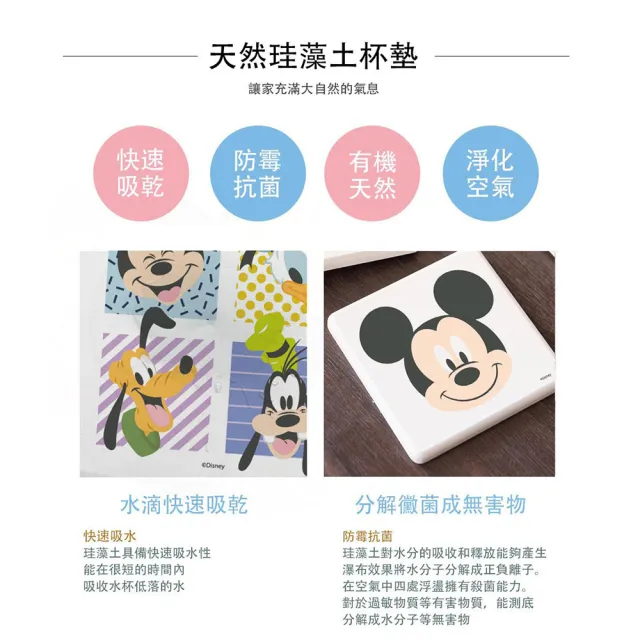 【SONA森那家居】Disney 迪士尼米奇家族方形珪藻土杯墊2入組(10x10x0.9 米奇/唐老鴨/高飛狗)