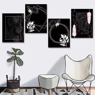 【24mama 掛畫】四聯式 油畫布 優雅 幾何 插圖 豪華 大理石 植物 葉子 無框畫-30x40cm(簡單時尚)