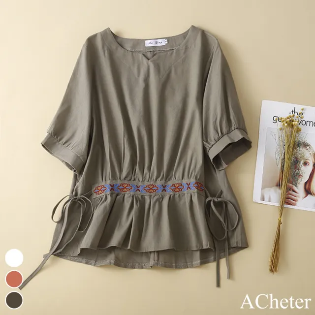 【ACheter】棉麻V領刺繡系帶顯瘦短袖上衣#112944現貨+預購(3色)