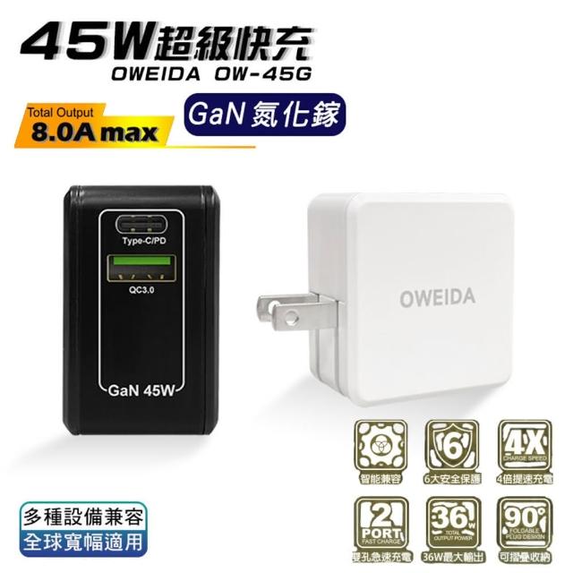 【Oweida】GaN氮化鎵 45W 雙孔PD+QC 折疊快速充電器