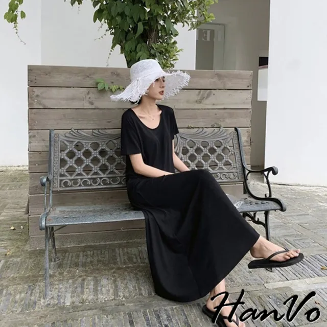 【HanVo】好氣質休閒長裙套裝(韓版休閒圓領短袖上衣棉質長裙套裝 日常百搭 韓系女裝 女生衣著 A08-5924)