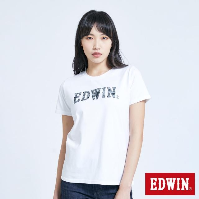 【EDWIN】女裝 人氣復刻款 花紗植絨LOGO短袖T恤(白色)