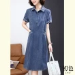 【初色】中大碼翻領拼接格紋牛仔襯衫連衣裙洋裝-藍色-62406(M-2XL可選)