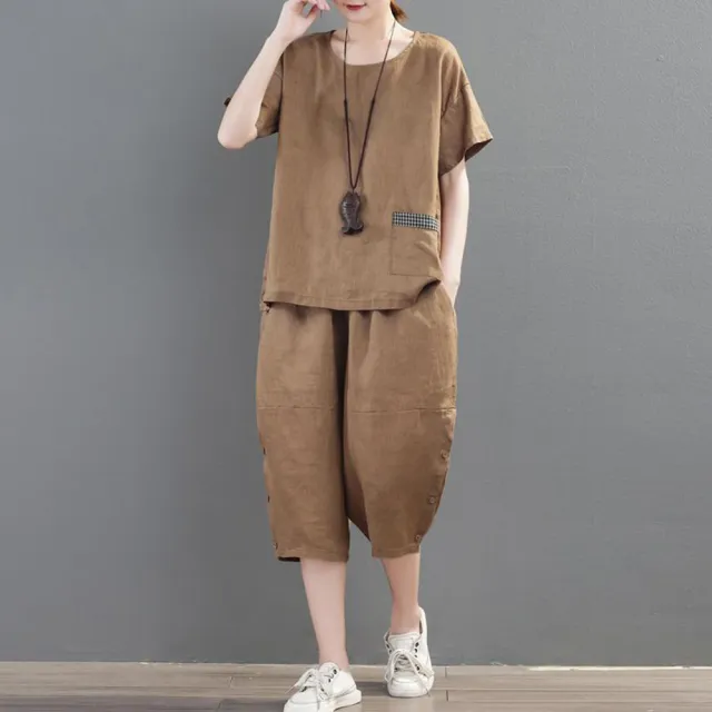 【ACheter】茶香花麻休閒寬鬆大碼2件式套裝#112912現貨+預購(3色)